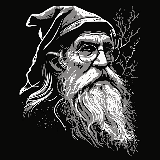 black and white vector image of old wizard. Happy mood.
