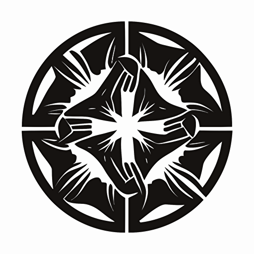 flat vector logo black outline, 6 hands joined in a circle, symbolizing community togetherness.