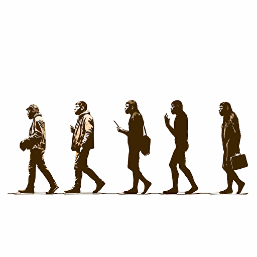the evolution of man silouhette sequence from monkey to man. White Background, vector style