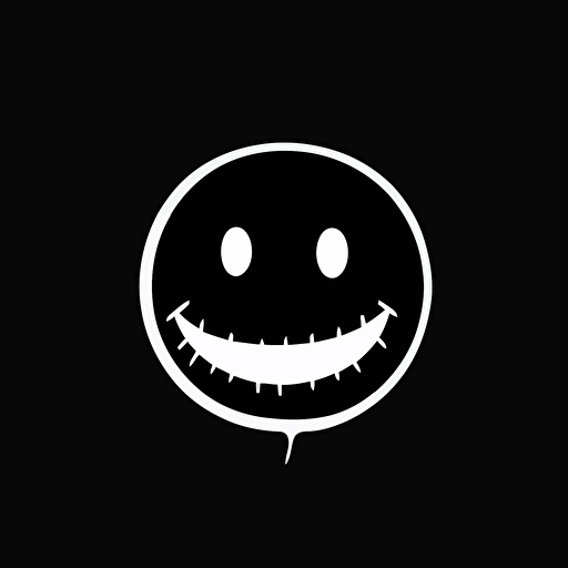 creepy smiley face, Banksy style, black background, large closed shapes, fantasy roboter, white space to fill, abstract, artistic, pen outline, white background, very simple, full field of view, centre, minimalistic logo vector art , simple flat vector logo