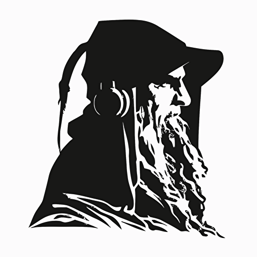 minimalistic iconic logo of Gandalf wizard wearing headphones, black vector, on white background