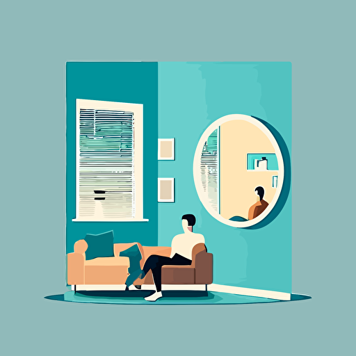Simple, isotype, mirror, living room, mezzanine, minimal, couple relaxing, chilling, 2d illustration, flat, flat colors, vector illustration