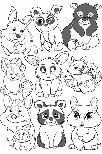 colouring book for kids, set different animals, cartoon style, vector, few details, no shadow, black and white