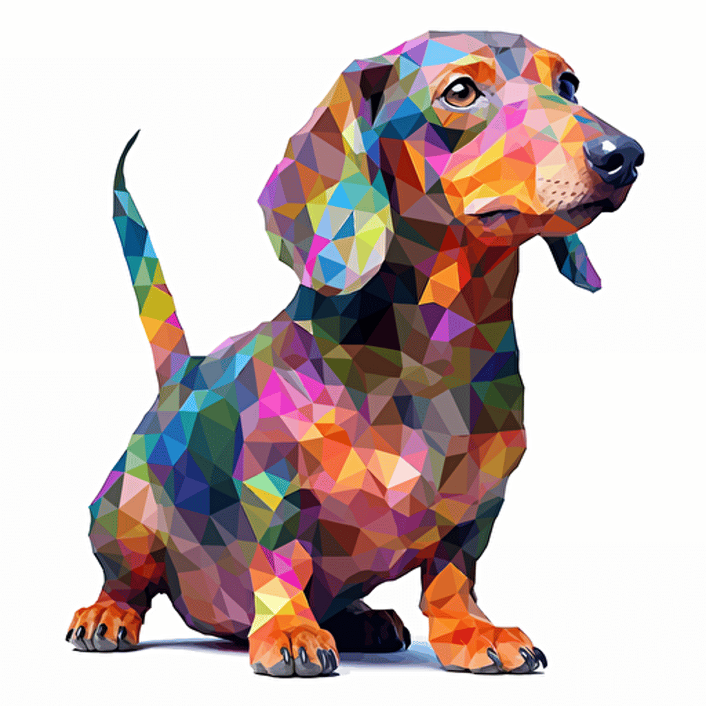 low res, colorful tiled daschund dog, vector art, white background