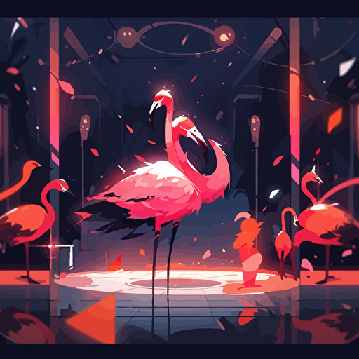 Flamingo, Dancing in a Nightclub, Warm Lighting, Comic vector illustration style, flat design, minimalist logo, minimalist icon, flat icon, adobe illustrator, cute, Simple