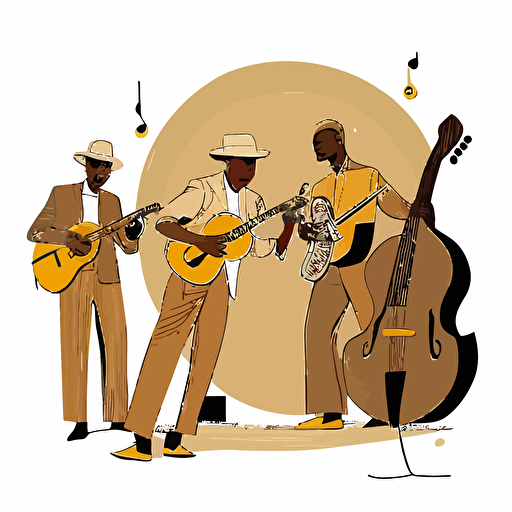 an illustration of a band of African-American musicians playing on a white background. vector drawing, in the style of Spanish illustrator Virginia Lorente