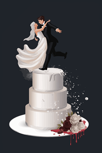 vector illustration wedding cake with bride and groom falling off the side, transparent background