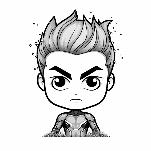 a water inspired kid superhero bust, kawaii, digital illustration, minimalism, concept art, vector draw, revenge, black and white, coloring page, outline only, powefull