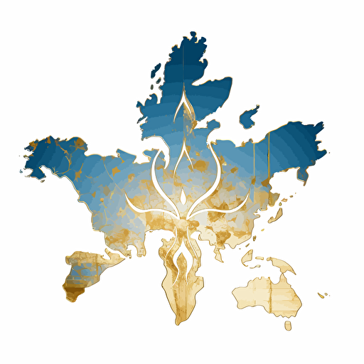 Blue and gold fleur de lys, gold world map insde vectorized, illustrator, flat, 2d, white background