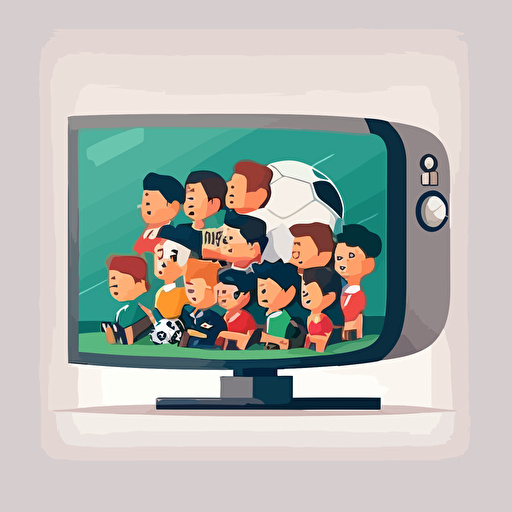 a television with a football displayed on it, a group of chibi people are sitting on a couch looking at the television, cartoon, vector image