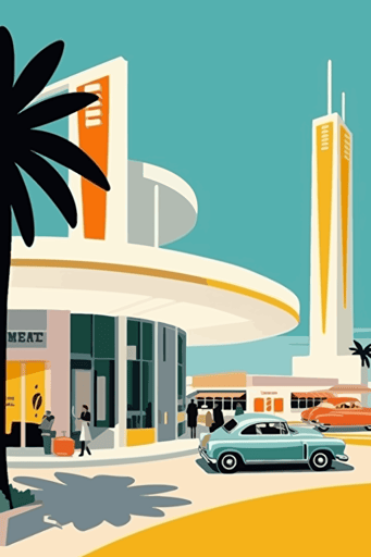 1960's advertisement gasoline station, summer, art deco, vector, minimalistic,