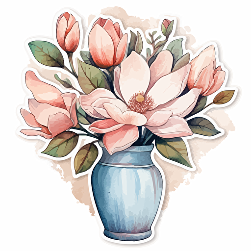 watercolor vector illustration boho magnolias in a clay vase sticker white background