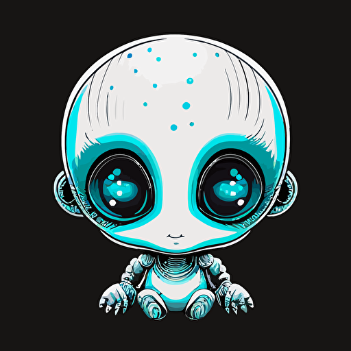A baby japanese alien with one blue eye, smiling, black background, vector art , anime style