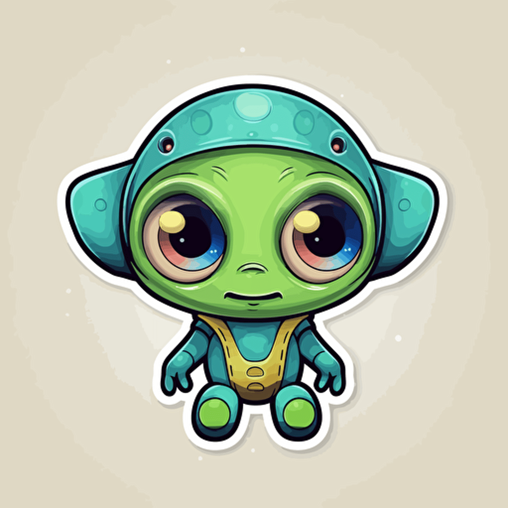 super cute alien pixar style, 2d flat design, vector, cut sticker