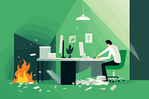 Person in an office next to a trash fire, flat style illustration for business ideas, flat design vector, industrial, light and magical, high resolution, entrepreneur, colored cartoon style, light green and dark green, cad( computer aided design) , white background