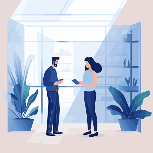 Two people in business casual clothing, talking to each other in an engaging conversation, in an office setting with plants in the background. flat style illustration for business ideas, flat design vector, industrial, light color pallet using a limited color pallet, high resolution, engineering/ construction and design, colored cartoon style, light indigo and light gold, cad( computer aided design) , white background