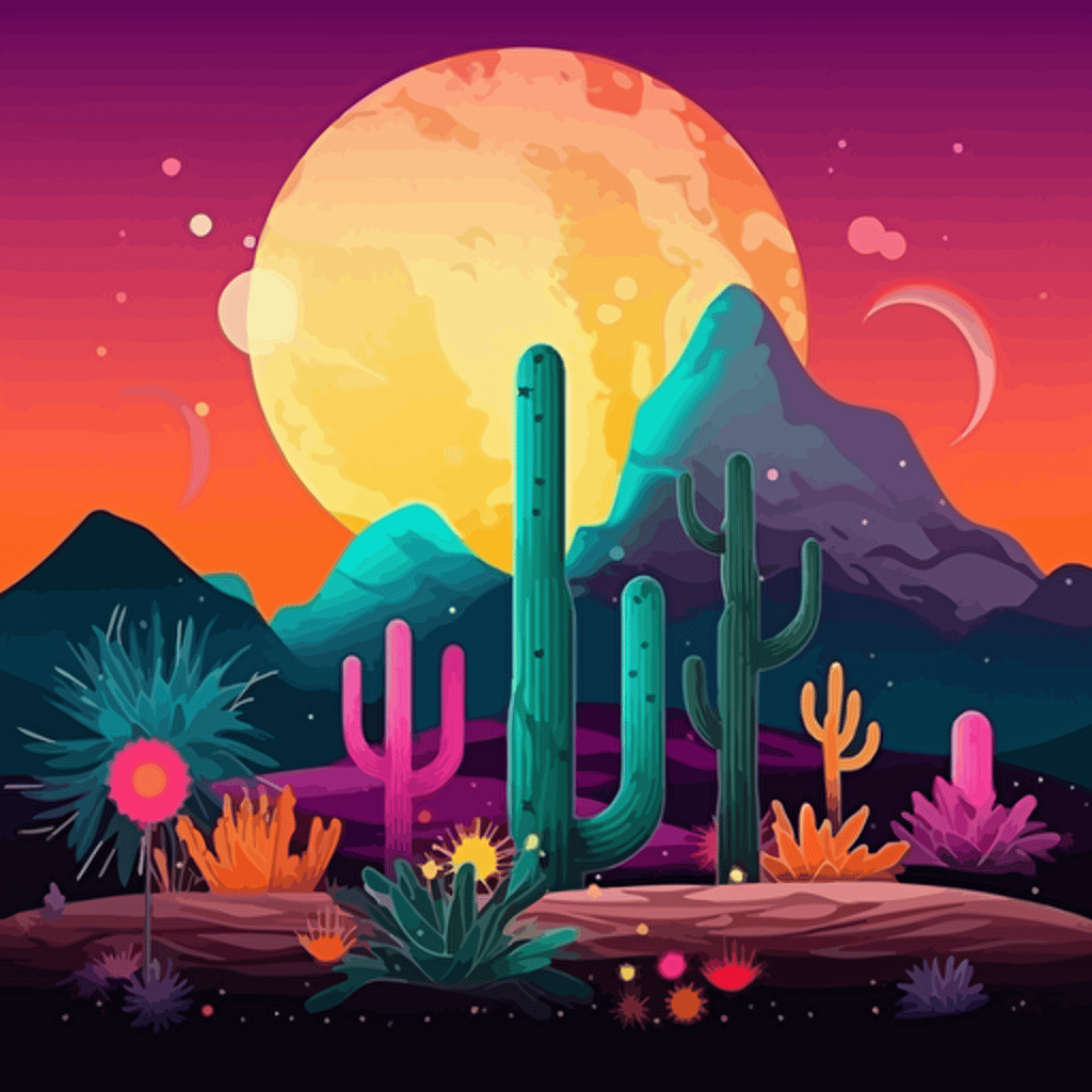 vector design, celestial landscape desert, boho hippie cactus landscape desert, neon moon, vectoc