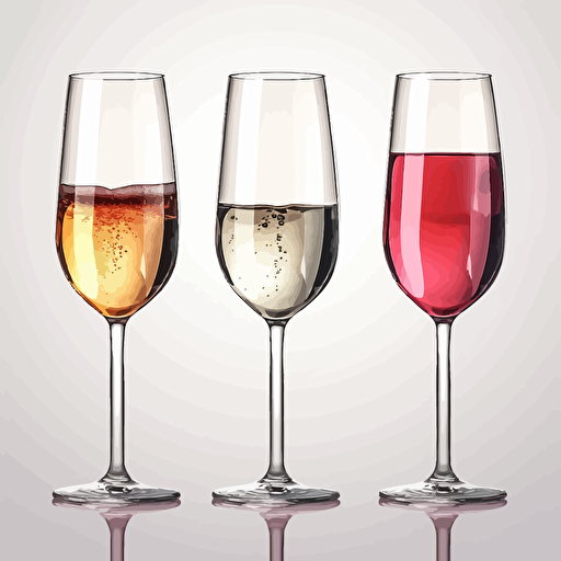 4 glasses of wine, red, white, rosè, sparkling, inline, vector, simple, no shade, no nuance colors, white background,