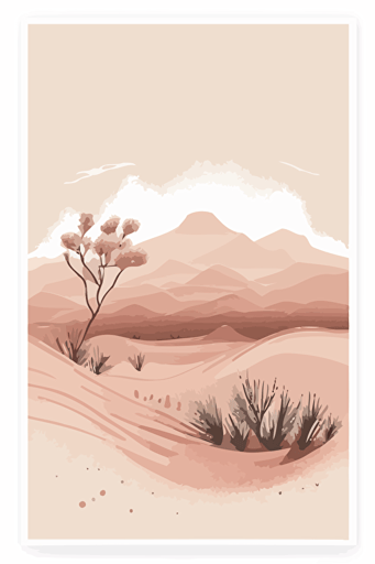 Dusty pink and beige watercolour landscape, minimalist, vector, contour
