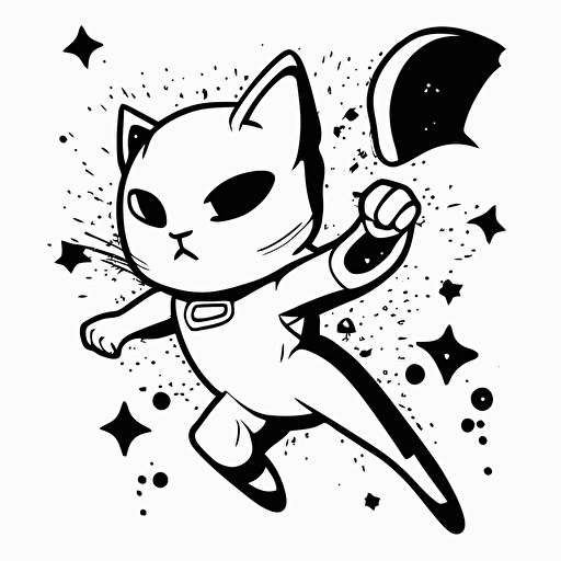 cat in space, pixar style, outline and simple shapes, black and white comic book flat vector coloring page, white background