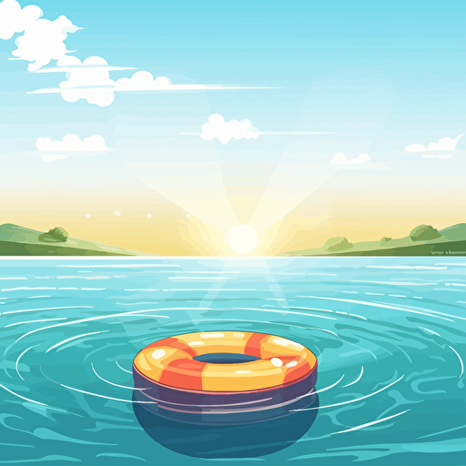 an illustration of pool water covering the bottom of the background, a pool float is floating on the water, it's sunny outside, the background color should be light, it should be in vector style artwork, it should be cute and fun feeling