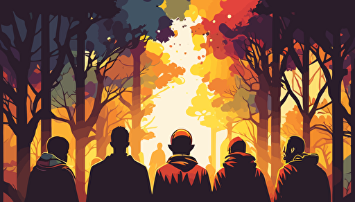 vector art, richly colored ranimated people, group, praying together, sunny background