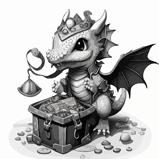 cute dragon with treasure, fantasy art simple, black and white, vector art, no background
