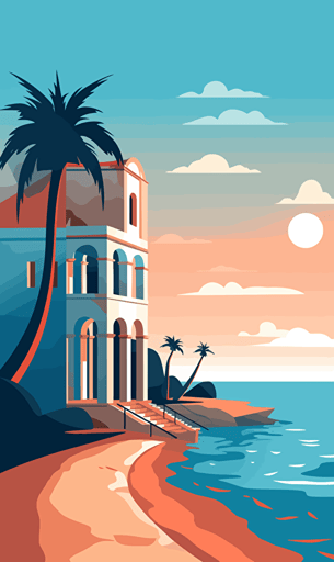 greek building on the beach, sky, blue and orange, simple vector style