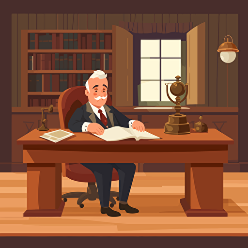 a front shot vector illustration of a notary public sitting on a leather chair signing a contract on a big wooden desk in his old office