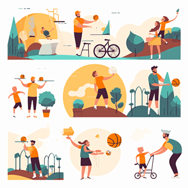 Father time with son. Parent dad enjoy recreation with kid boy, playing plane toy or sport basketball game, build tree house daddy happy fatherhood, set vector illustration of recreation together
