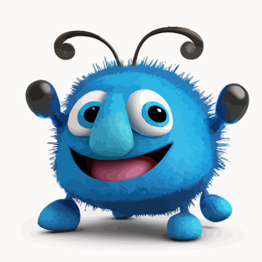 A saturated colorfull baby fur blue beetle, goofy looking, smiling, white background, vector art , pixar style