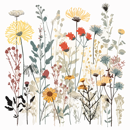 wildflowers as clip art on a white background, 2d style, vector, dainty, soft palate colors