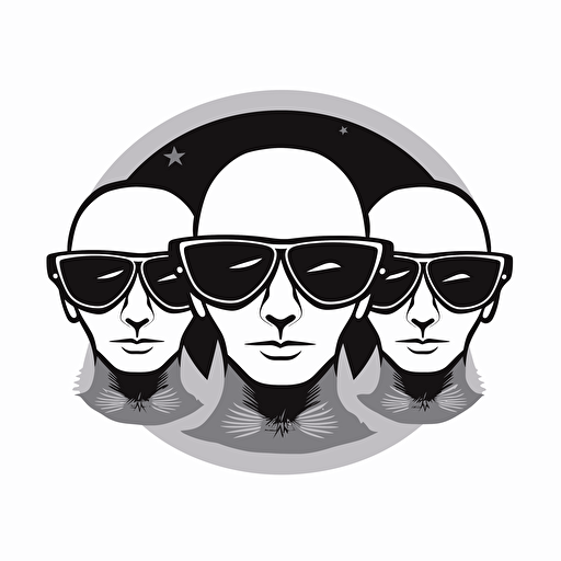 a vector, black and white simple logo showing three men sun glasses in front of a alien spaceship, no background