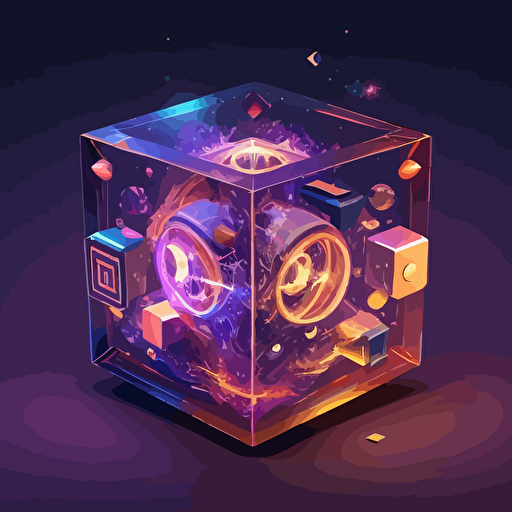 A radiant digital cube stands out in a vivid bazaar, its distinctive traits protected by a transparent barrier of ownership, while the whirl of symbols and transactions animates the atmosphere,GUI,WEB UI,VECTOR,trending ondribbble