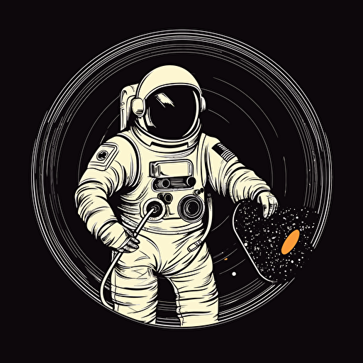an astronaut holding a vinyl, 2d vector on black background
