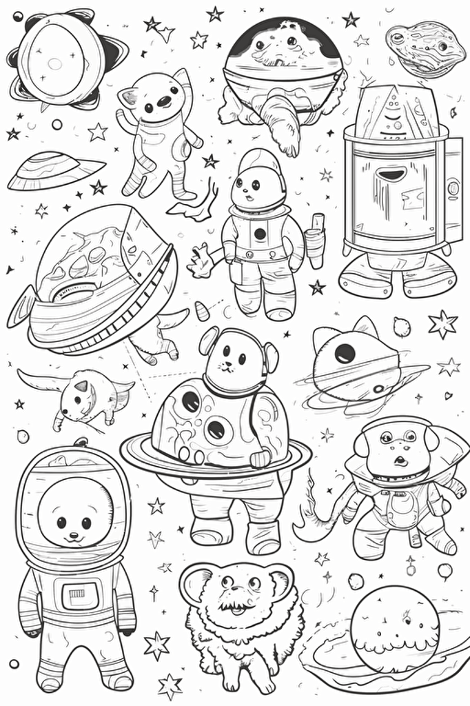 colouring book for kids, set of different animals separated by a space, cartoon style, vector, few details, no shadow, black and white