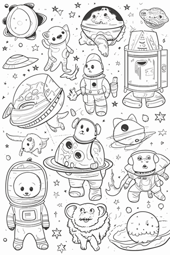 colouring book for kids, set of different animals separated by a space, cartoon style, vector, few details, no shadow, black and white