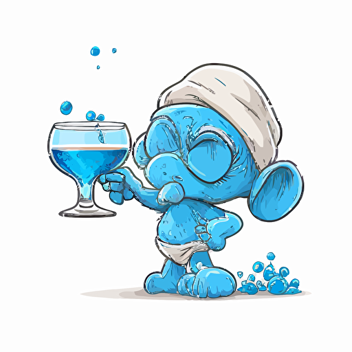 funny smurf drinking liquor from a small glass, illustration, vector, background white, no text
