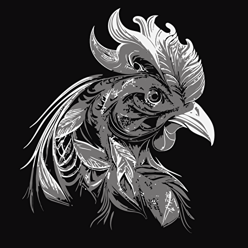 glamorous close up rooster in style of Eric Standley, flamboyant, black and white, flat, vector, line drawling, white background ar 1:1
