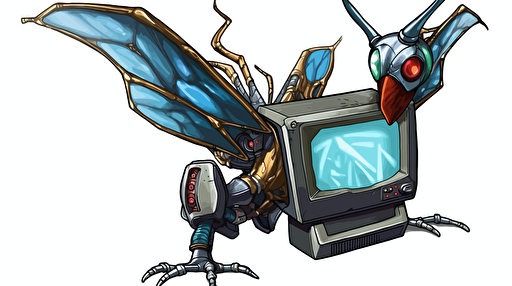 Goofy robot with with wings holding a television, Sticker, Adorable, Tertiary Color, Pixar, Contour, Vector, White Background, Detailed::