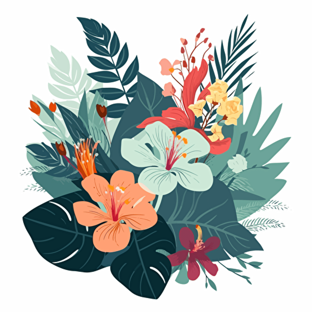 tropical flowers, Vector, flat, illustration, white background, simple colours