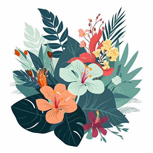 tropical flowers, Vector, flat, illustration, white background, simple colours