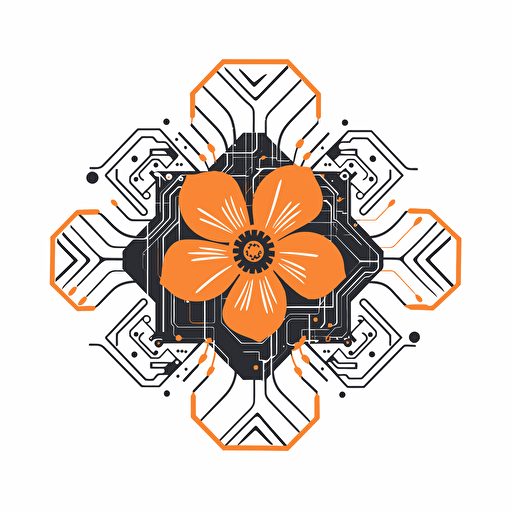 a clean vector logo of a technological flower, orange accents, circuit board undertones, elegant