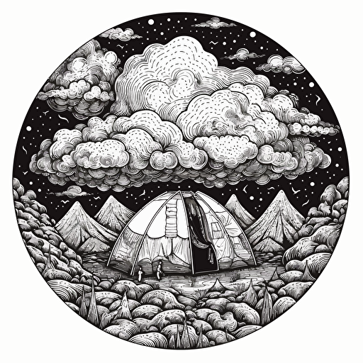 rolling mountains, single dome backpacking tent, campfire atmospheric clouds vector doodles ilustration minimalistic sacred geometry in a circular pattern, angelic, dynamic lighting