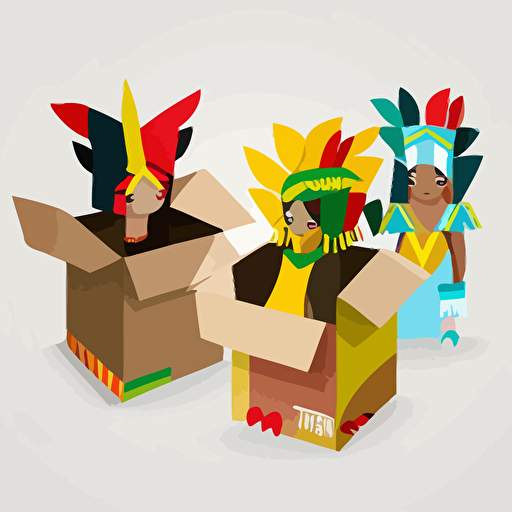 illustration of childrens rio carnival costumes that are packed in open boxes made with a vector based minimalist cartoon style on a flat grey background in a front facing angle