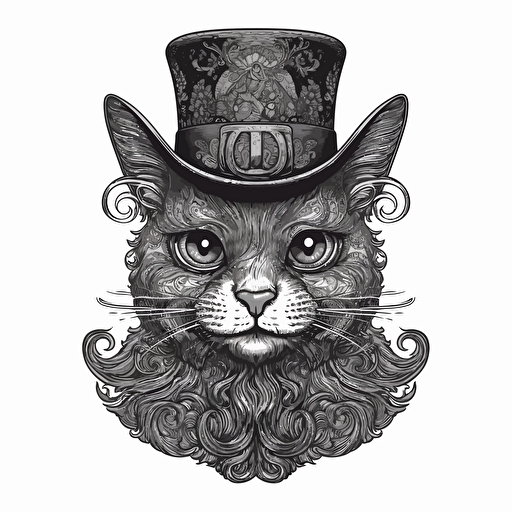 Hamilton Mortimer style illustration vector of horror cat, no color, no shading, black and white, white background
