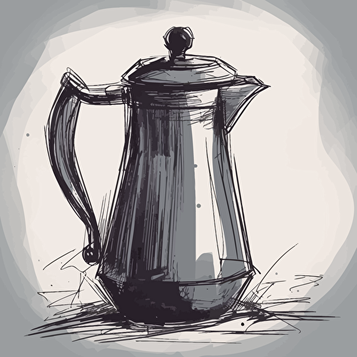 coffee pot, vectorized 2d design, rough sketch, black and white