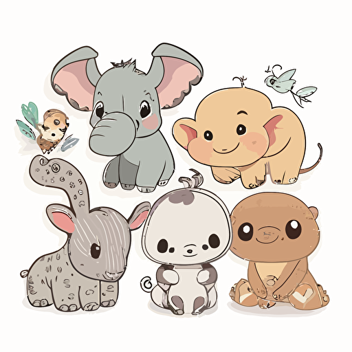 baby animals, Sticker, Lovely, Pastel, Disney Pixar, Contour, Vector, White Background, Detailed