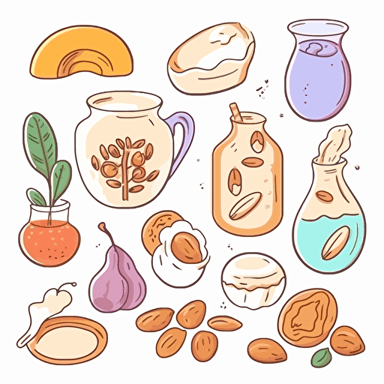 cute cartoon Almond, Cashew, Cod, Egg, Hazelnut, Milk, Oat, and Peanut illustrations, all separated, whimsical, cheerful, bright and colorful, vector, contour, white background