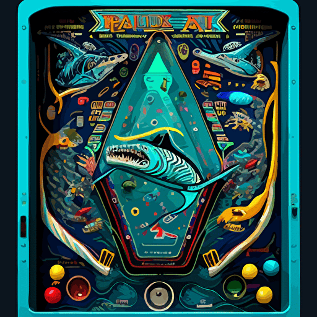 1990 pinball playfield art, a gorilla and a shark fighting, vector style